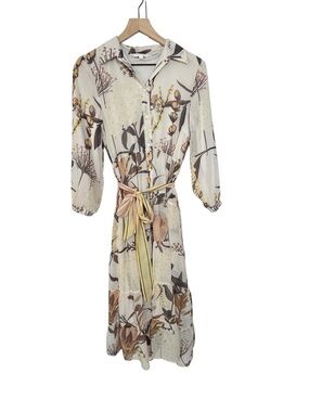 DownEast Cream Floral Button-Front Dress with Striped Tie - Size XS - Like New